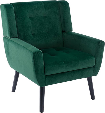 Dolonm Midcentury Modern Velvet Accent Chair with Arms, Upholstered Reading Side Chair Tufted Back Decorative Wingback Chair for Living Room Bedroom (Retro Green)
