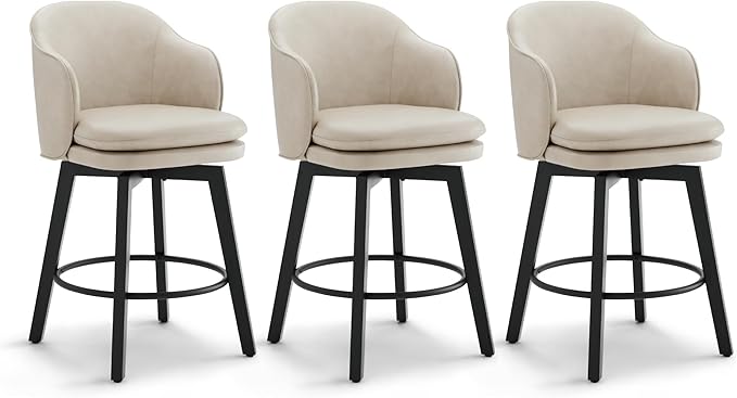 Counter Height Barstools 26 inch Upholstered Swivel Bar Stools with Back and Wood Legs for Kitchen Island,Set of 3,Beige PU Leather