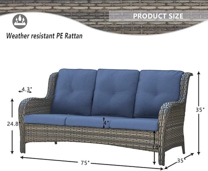 HUMMUH Patio Furniture 6 Pieces Outdoor Furniture Set Wicker Outdoor Sectional Sofa with Swivel Rocking Chairs,Patio Ottomans,Patio Coffee Table, Grey/Blue