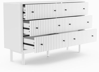RECCI Fluted 6 Drawers Dresser for Bedroom, 54" Wide Chest of Drawers with 3D Fluted Panel, Faux Marble Top, Solid Wooden Legs, Storage Drawers, TV Stand, Closet Chests for Bedroom, White