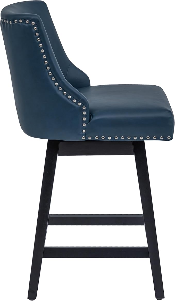Bar Stools Set of 2, PU Leather Barstools, 26 Inch Upholstered Counter Stools with 13.8" High Back and Footrest, Swivel Counter Height Barstools for Kitchen Island Home Bar Navy Blue