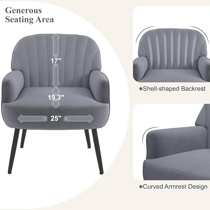 Velvet Accent Chair, Upholstered Modern Leisure Single Sofa Side Chair, Comfy Tufted Back Armchair with Metal Legs for Living Room/Bedroom/Office/Reading Room, Grey