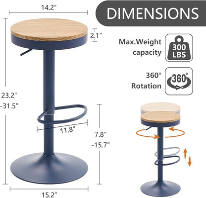 Kidol & Shellder Bar Stools Set of 4 Round Adjustable Swivel Barstools Modern Backless Bar Chairs Wooden Seat Counter Height Stools Armless for Kitchen Island, Cafe, Dining Room Blue