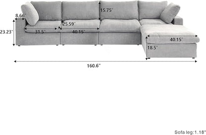 Cloud Couch Modular Sectional Sofa with Storage Ottoman,160.6" L Shaped Couch for Living Room,Down Filled 5 Seater Gray Convertible Sectional Sofas,Covers Washable&Replaceable