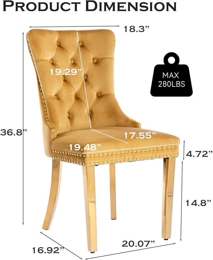 Velvet Upholstered Dining Chairs Set of 4, Modern Style Kitchen Side Chairs with Nailhead Trim and Gold Plated Leg, Metal Pulling Ring for Dining Room Living Room(Gold-Gold Plated Leg)