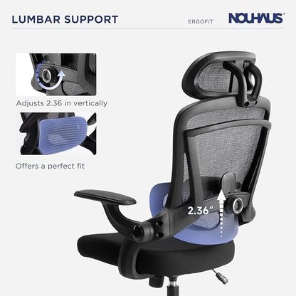 Nouhaus Ergonomic Mesh Office Chair Adjustable Lumbar Support and Flip-up Armrests High Back Headrest, Tilt Function Comfy Computer Gaming Chair Swivel Desk Chairs (Ergo Fit,Dark Black)