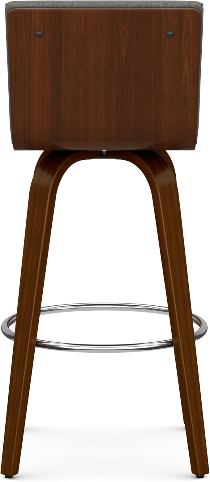 SIMPLIHOME Roland Swivel Bar Stool - 28 inch Seat Height Upholstered Wood Chair in Grey Linen Look Fabric, Mid Century Modern Seating for Kitchen or Bar with Curved Bentwood Back and Footrest