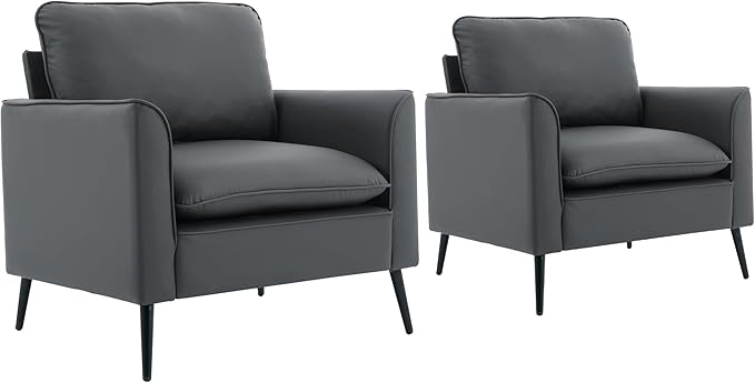 YISHENG Mid-Century Modern Living Room Accent Chairs Set of 2 - Oversized Faux Leather Armchairs with Removable Cushions & Metal Legs, Comfortable Sofas for Office/Lounge/Bedroom/Reception,Gray