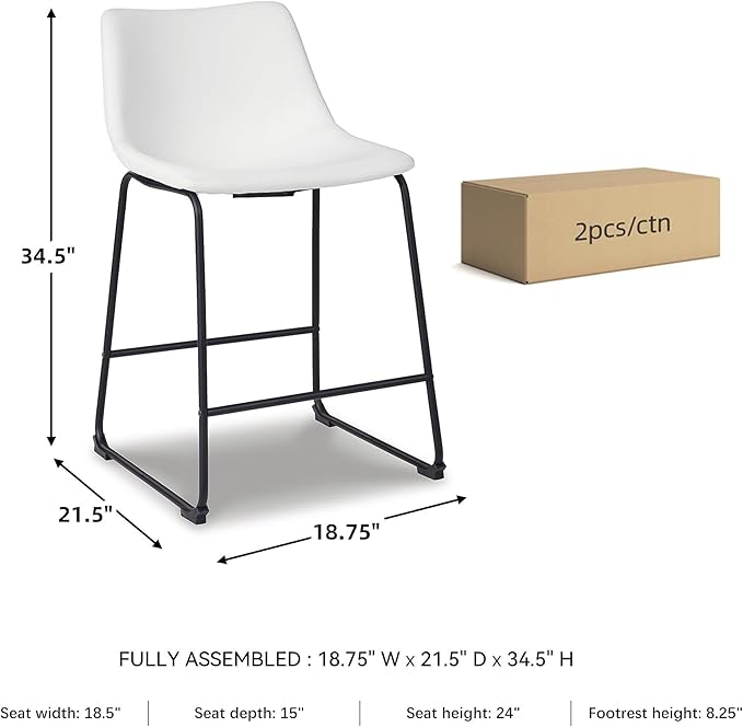Signature Design by Ashley Centiar Casual Bucket Seat Dining Upholstered Bar Stool with Black Metal Base, Set of 2, Faux Leather, 23.75" Seat Height, White