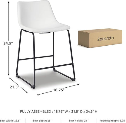 Signature Design by Ashley Centiar Casual Bucket Seat Dining Upholstered Bar Stool with Black Metal Base, Set of 2, Faux Leather, 23.75" Seat Height, White
