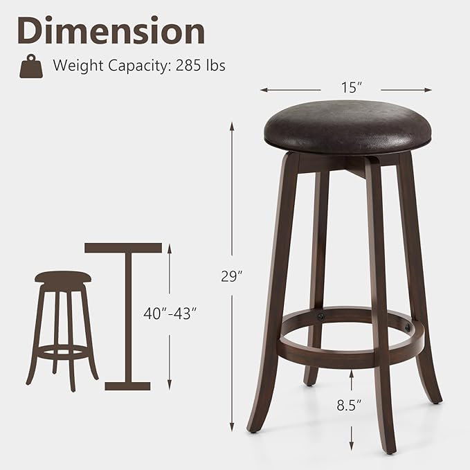 COSTWAY 29-Inch Swivel Bar Stools Set of 2, Upholstered Barstools w/PU Leather Seat & Solid Rubber Wood Legs, Mid-Century Backless Round Bar Height Stools w/Footrest for Kitchen Home Bar