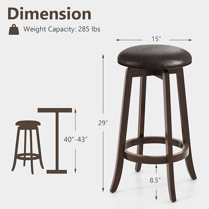 COSTWAY 29-Inch Swivel Bar Stools Set of 2, Upholstered Barstools w/PU Leather Seat & Solid Rubber Wood Legs, Mid-Century Backless Round Bar Height Stools w/Footrest for Kitchen Home Bar