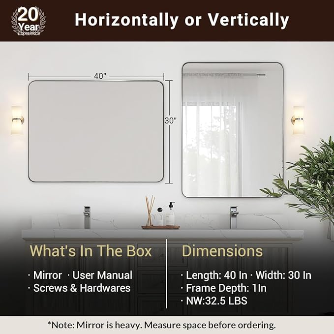 ANDY STAR 30”x40”Brushed Nickel Mirror for Bathroom, Rounded Rectangle Bathroom Mirror, Modern Metal Mirror in Premium Stainless Steel Frame, 1”Deep Set Design Hangs Horizontal Or Vertical
