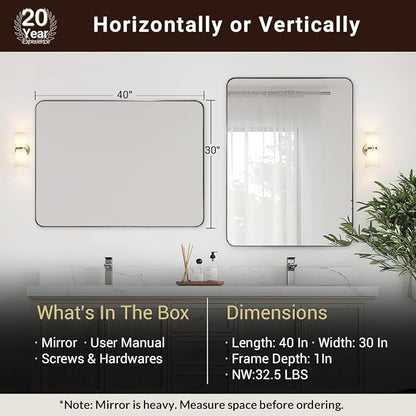 ANDY STAR 30”x40”Brushed Nickel Mirror for Bathroom, Rounded Rectangle Bathroom Mirror, Modern Metal Mirror in Premium Stainless Steel Frame, 1”Deep Set Design Hangs Horizontal Or Vertical