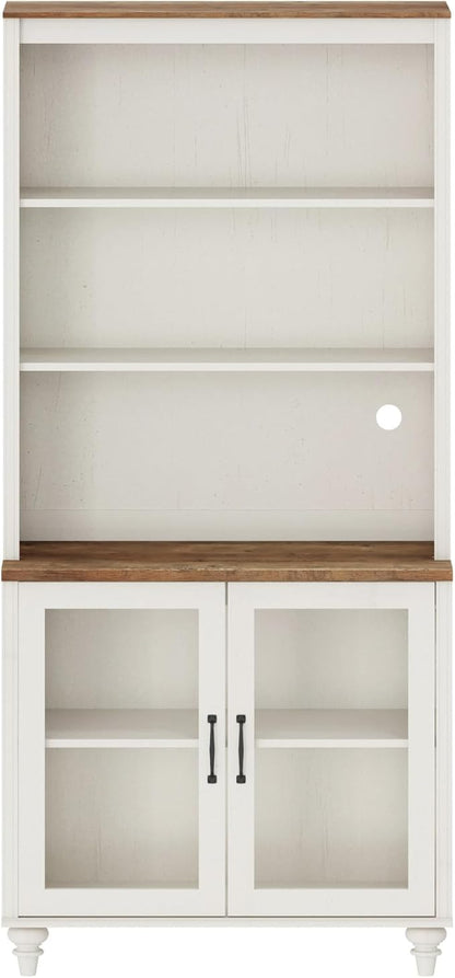 WAMPAT 5 Tier Farmhouse Bookshelf 72" Tall Bookcase with Doors, Large Display Book Shelf with Adjustable Shelves and Storage Cabinet Wood Bookshelves for Living Room & Study Room & Bedroom, White