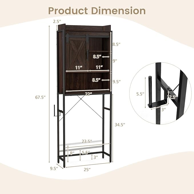 LOKO Over The Toilet Storage Cabinet, Freestanding Bathroom Space Saver with Adjustable Shelves & Sliding Barn Door, 4-Tier Over Toilet Bathroom Organizer, 25 x 9.5 x 67.5 inches (Espresso)