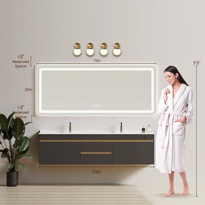 72" x 30" Led Bathroom Mirror with Lights, Anti-Fog & Tri-Color Lighting - Wall Mounted Shaving Mirror with Touch Sensor, Waterproof & Smart LED Vanity Mirror,Tempered Glass, Dimmable Smart Mirror