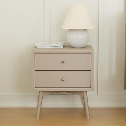 Babyletto Palma 2-Drawer Assembled Nightstand in Taupe, GREENGUARD Gold Certified, Mid-Century Modern Design