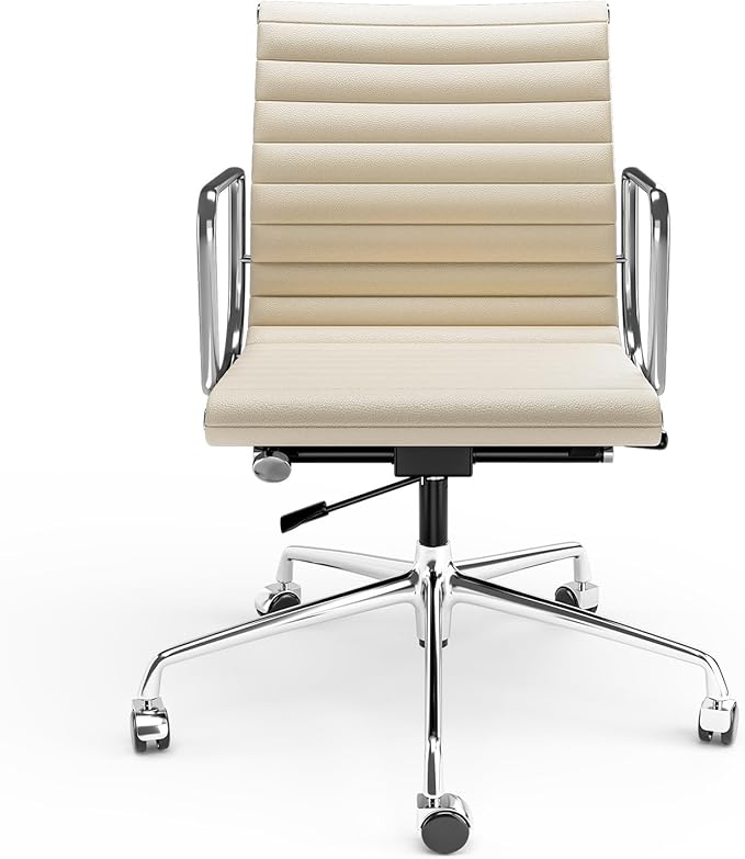 Mid Back Genuine Leather Ribbed Office Chair-Ergonomic Desk Chair with Aluminum Alloy Armrest & Frame, Swivel Silent Wheels & Tilt Function, Adjustable Height
