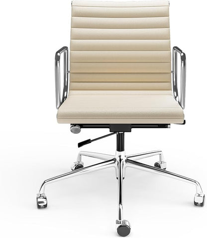 Mid Back Genuine Leather Ribbed Office Chair-Ergonomic Desk Chair with Aluminum Alloy Armrest & Frame, Swivel Silent Wheels & Tilt Function, Adjustable Height