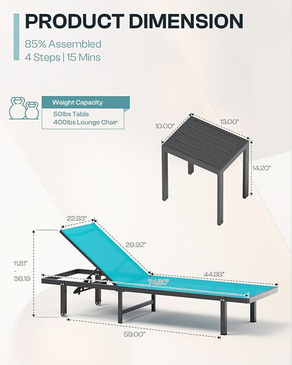 Pool Lounge Chairs, Chaise Lounge Outdoor with Wheels and 5-Position Recliner -Easy to Move- Aluminum Patio Lounge Chair for Poolside, Deck (Lakeblue)