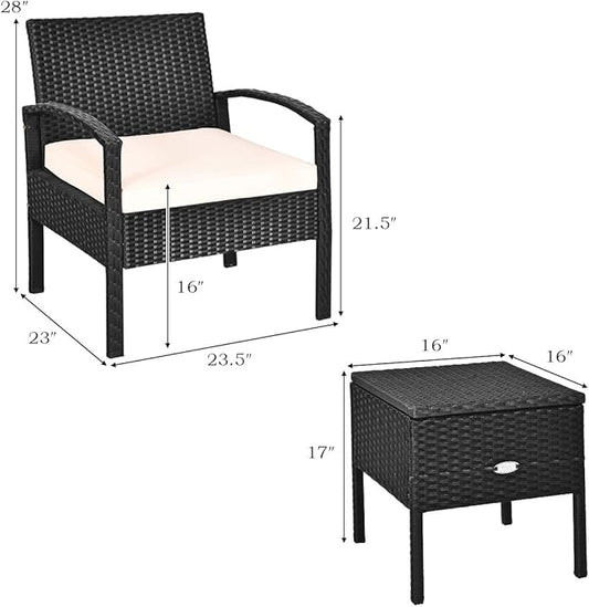 COSTWAY Rattan Patio Furniture Set 3 Pieces, Wicker Conversation Set with Tempered Glass Coffee Table, Seat Cushions, Outdoor Chair Wicker Sofa for Backyard Balcony Porch Poolside, White
