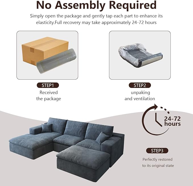 107'' U-Shaped Modern Modular Sectional Cloud Couch Whit Ottoman, 4-Seat Chenille Deep-Seat Sofa with Pillow for Living Room, Bedroom, Apartment, Ocean Blue