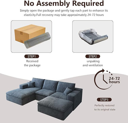 107'' U-Shaped Modern Modular Sectional Cloud Couch Whit Ottoman, 4-Seat Chenille Deep-Seat Sofa with Pillow for Living Room, Bedroom, Apartment, Ocean Blue
