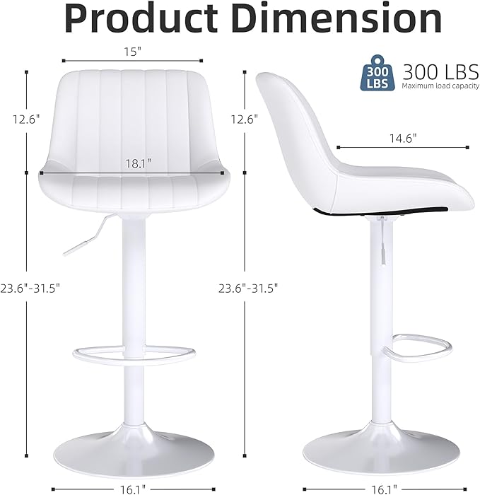 Youhauchair Bar Stools Set of 2, Swivel Counter Height Barstools with Back, Adjustable PU Leather Bar Chairs, Modern Armless Kitchen Island Stool, White