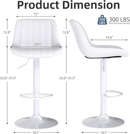 Youhauchair Bar Stools Set of 3, Swivel Counter Height Barstools with Back, Adjustable PU Leather Bar Chairs, Modern Armless Kitchen Island Stool, White