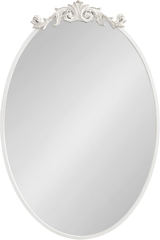 Kate and Laurel Arendahl Traditional Vertical Oval Wall Mirror, 24 x 36, Antique White, Vintage Glam Baroque-Inspired Round Bathroom Vanity Mirror with Ornate Crown