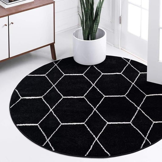 Unique Loom Trellis Frieze Collection Area Rug - Geometric (4' 1" Round, Black/ Ivory)