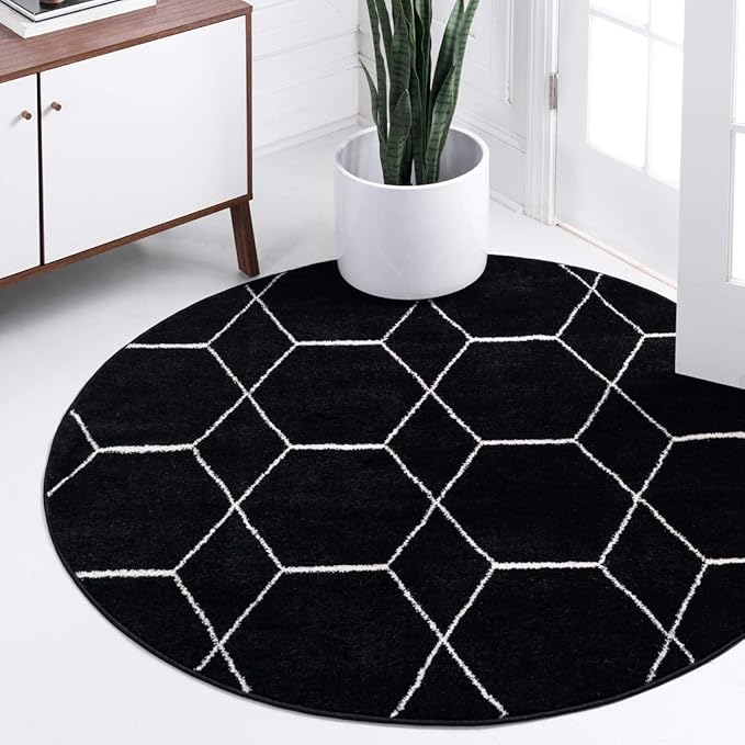 Unique Loom Trellis Frieze Collection Area Rug - Geometric (5' 1" Round, Black/ Ivory)