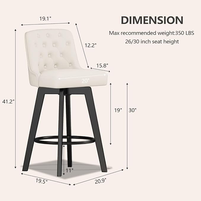 MINCETA Bar Stool, PU Leather Barstool, 30 Inch Upholstered Counter Stool with Low Tufted Back and Footrest, Swivel Counter Height Barstool for Kitchen Island Home Bar White
