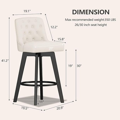 MINCETA Bar Stool, PU Leather Barstool, 30 Inch Upholstered Counter Stool with Low Tufted Back and Footrest, Swivel Counter Height Barstool for Kitchen Island Home Bar White