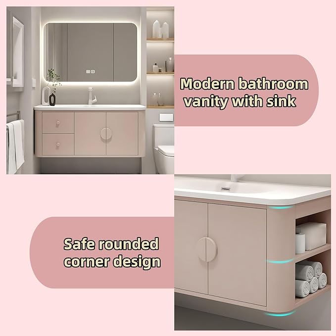 40IN Pink Modern Bathroom Vanity - Bathroom Vanities Set with 2 Drawers Wall Mounted | Rounded Corner Smart Defogging Mirror Cabinet with Lighting & Time Display, Side Opening Storage Shelf (Style B)