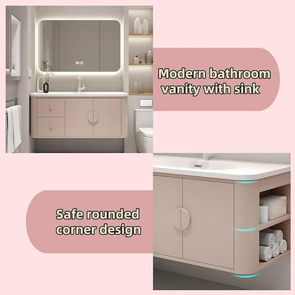 48IN Pink Modern Bathroom Vanity - Bathroom Vanities Set with 2 Drawers Wall Mounted | Rounded Corner Smart Defogging Mirror Cabinet with Lighting & Time Display, Side Opening Storage Shelf (Style B)