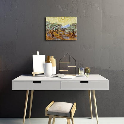 Wieco Art Olive Trees with Yellow Sky and Sun Canvas Print of Vincent Van Gogh Wall Art Paintings Reproduction Field Pictures Artwork for Wall Decor and Home Decorations VAN-0071-3040