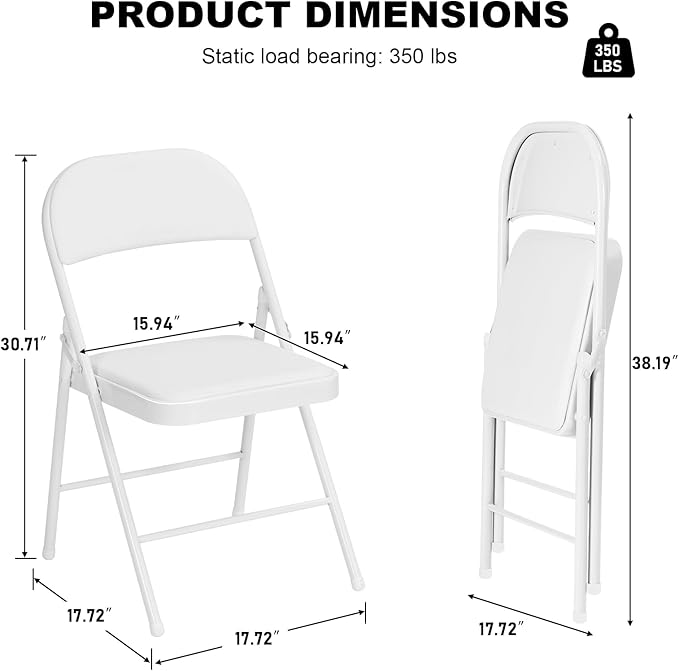 12 Pack White Folding Chairs with Padded Cushion and Back, Portable Stackable Commercial Metal Foldable Chairs with Steel Frame for Home Events Office Wedding Party, 350lbs Capacity