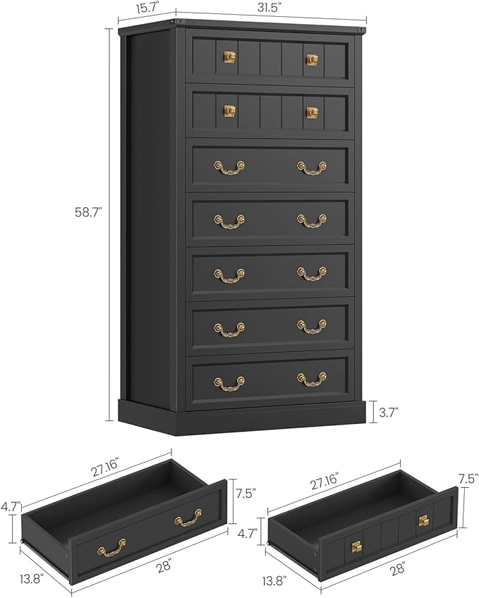 AOGLLATI Farmhouse Dresser with 7 Drawers, 58.7”Tall Wooden Chest of Drawers with Natural Texture, Vintage Design, Black Dresser for Bedroom, Black