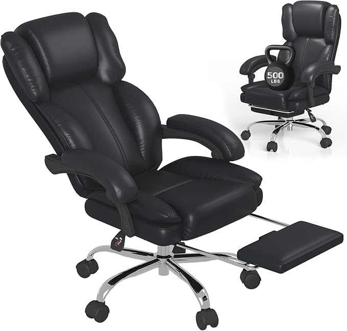 Big and Tall Office Chair, Executive Home Office Desk Chair, Leather Computer Chair with Retractable Footrest, Adjustable Headrest and Reclining Height, Padded Arms, 360°Swivel Free, Wide Seat, Black