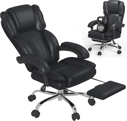 Big and Tall Office Chair, Executive Home Office Desk Chair, Leather Computer Chair with Retractable Footrest, Adjustable Headrest and Reclining Height, Padded Arms, 360°Swivel Free, Wide Seat, Black