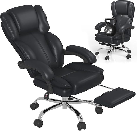Big and Tall Office Chair, Executive Home Office Desk Chair, Leather Computer Chair with Retractable Footrest, Adjustable Headrest and Reclining Height, Padded Arms, 360°Swivel Free, Wide Seat, Black