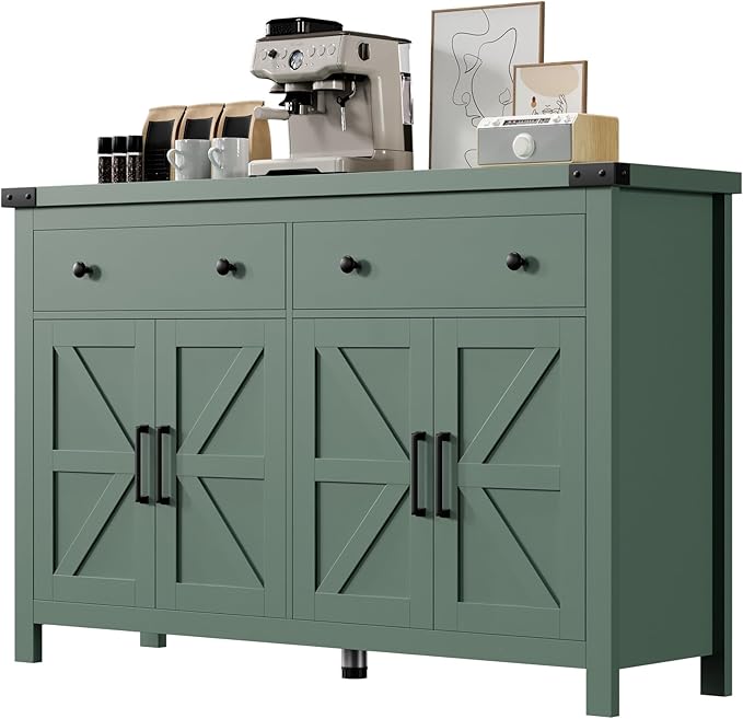 Buffet Cabinet with Storage Farmhouse with 4 Doors and 2 Drawers, 55'' Large Kitchen Storage Cabinet Green Wood Coffee Bar Buffet Sideboard for Kitchen, Dining Room, Living Room
