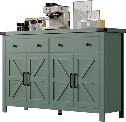 Buffet Cabinet with Storage Farmhouse with 4 Doors and 2 Drawers, 55'' Large Kitchen Storage Cabinet Green Wood Coffee Bar Buffet Sideboard for Kitchen, Dining Room, Living Room