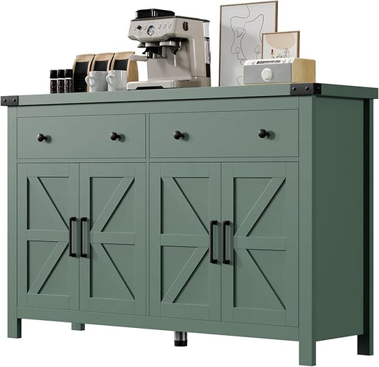Buffet Cabinet with Storage Farmhouse with 4 Doors and 2 Drawers, 55'' Large Kitchen Storage Cabinet Green Wood Coffee Bar Buffet Sideboard for Kitchen, Dining Room, Living Room