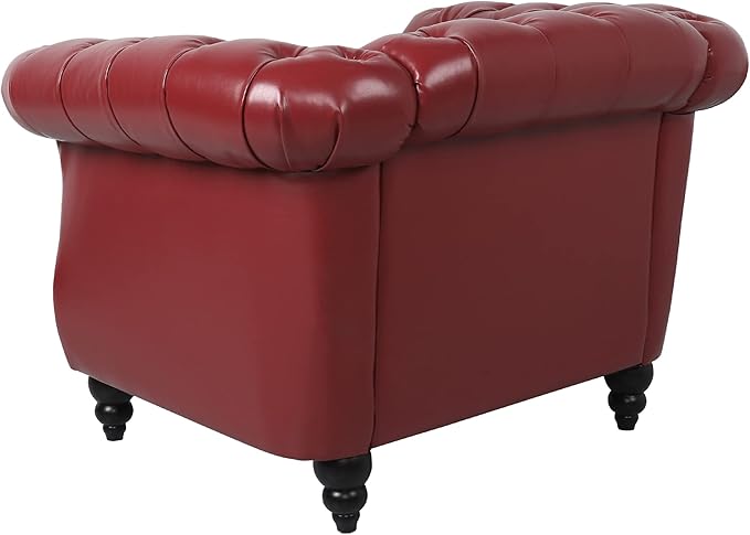 LEVNARY Leather Upholstered Armchair, Mid-Century Modern Single Sofa Chair with Rolled Arms and Nailhead, Tufted Pu Leather Chesterfield Chair for Home Bedroom Reading Room (Wine Red)