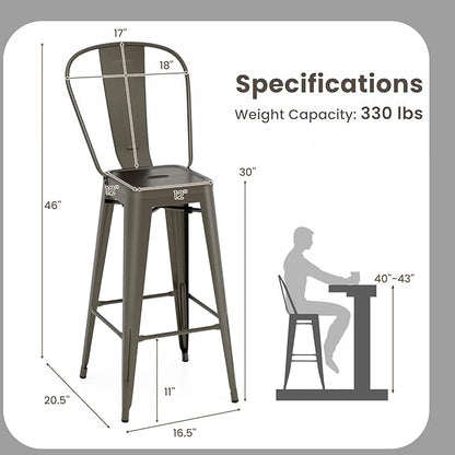 COSTWAY Metal Bar stools Set of 4, with Removable Back, 30'' Bar Height Stools with Rubber Feet, Stylish and Modern Chairs, for Kitchen, Dining Rooms, and Side Bar (Gun-Update, 30'')
