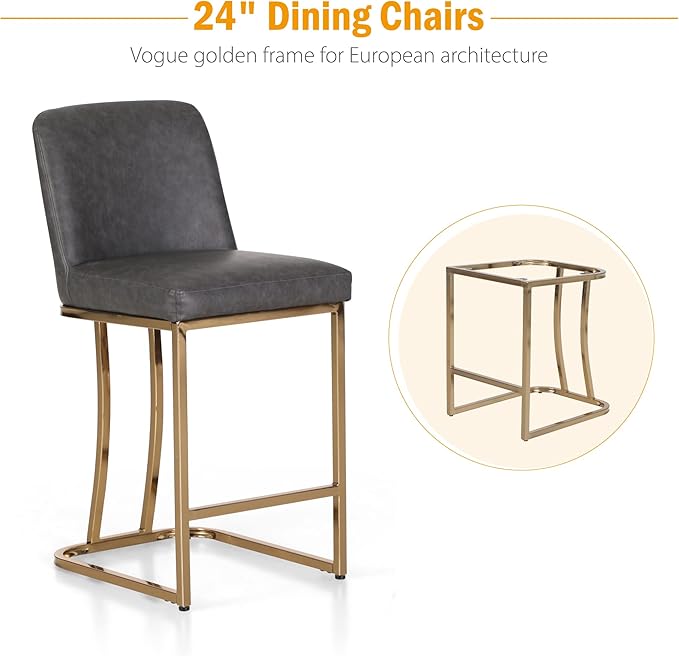 Sophia & William Counter Height Bar Stools Set of 2, 24" Bar Stools with Back for Kitchen Counter, Modern PU Leather Kitchen Counter Stools,Grey Gold