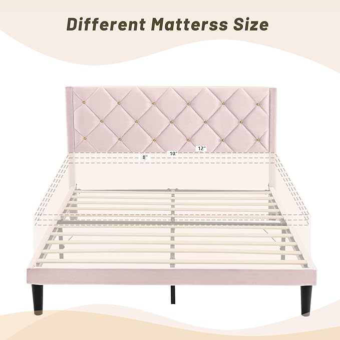 Queen Size Platform Bed Frame with Velvet Upholstered Headboard and Sturdy Wooden Slats Support,Mattress Foundation，Easy Assembly, No Box Spring Needed,Slip Resistant (Pink, Queen)
